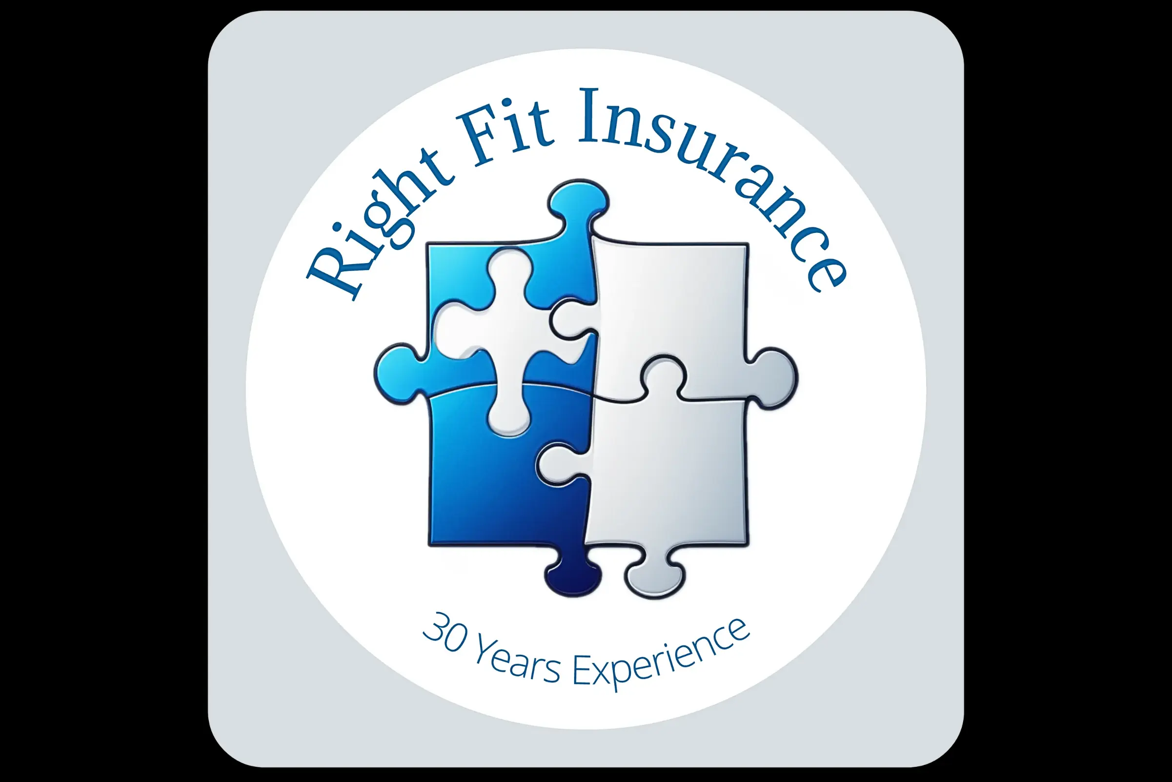 Logo of Right Fit Insurance with blue and white interlocking puzzle pieces with the text "30 Years Experience."